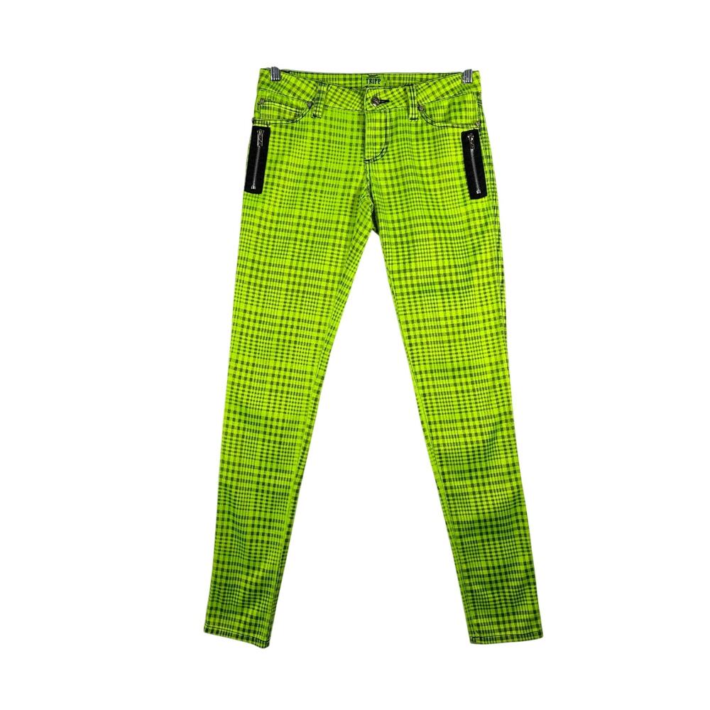 TRIPP NYC "Daang Goodman" Neon Green Plaid Skinny Jeans Womens Size 3